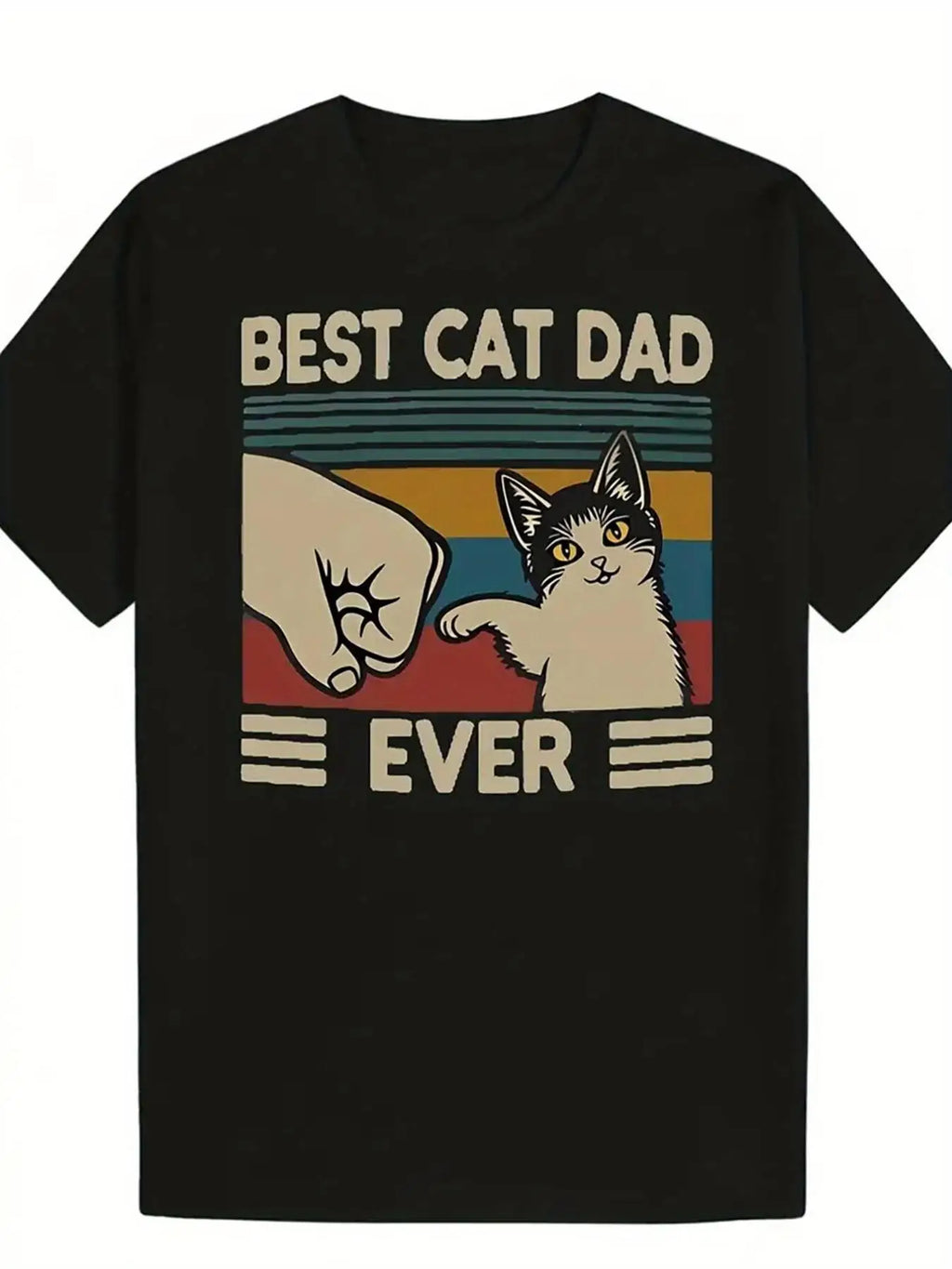 Men's Funny Cat Dad T-Shirt - Best Cat Dad Ever Slogan & Punching Kitten Graphic with Tabby Paw Print - Soft Breathable Black Crewneck Short Sleeve Shirt Suitable for Pet Lovers, Cat Owners Gift, Casual Casual Attire for Cat Owners