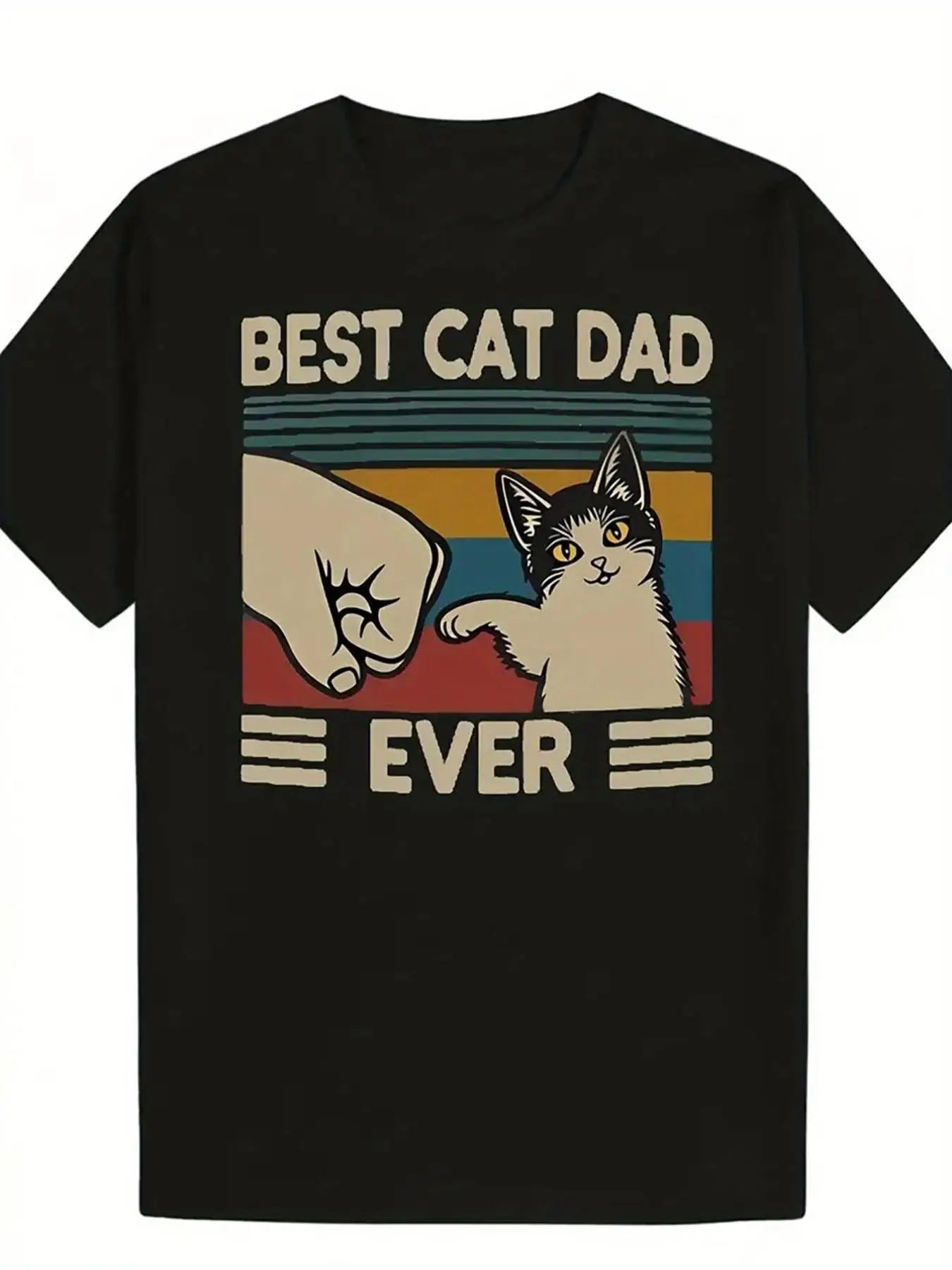 Men's Funny Cat Dad T-Shirt - Best Cat Dad Ever Slogan & Punching Kitten Graphic with Tabby Paw Print - Soft Breathable Black Crewneck Short Sleeve Shirt Suitable for Pet Lovers, Cat Owners Gift, Casual Casual Attire for Cat Owners