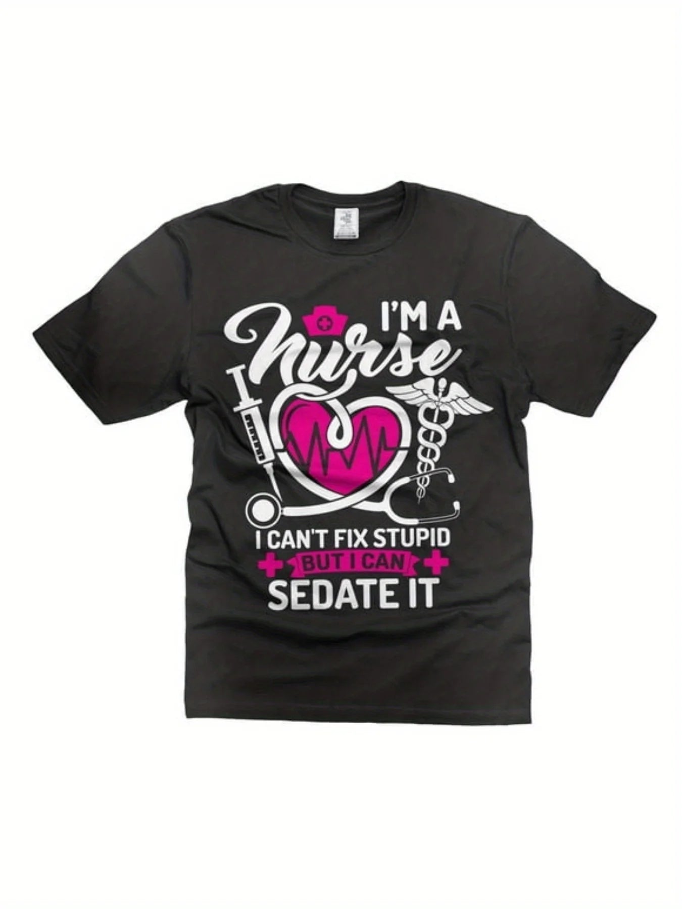 Funny Nurse Joke T-Shirt for Men and Women - Large Black Retro Humor Tee with Nurse Sayings | Comfortable Casual Short Sleeve Graphic Shirt for Healthcare Workers, Casual Attire, Crew Neck, Slight Stretch Fabric, All-season Wear