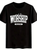 [ T-Shirt] Black Short-Sleeved Graphic Tee for Men - Bold 'WORSHIP' Print with 'made to' in Cursive Above, Featuring 'PSALM 95:1' in a Rectangle Below, Relaxed Fit, Round Neckline, Ideal for Casual Wear and Every Day Inspiration.
