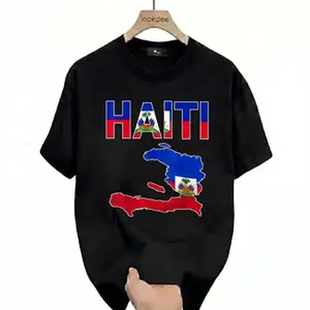 Menswear Unisex "Haitian Pride" Map & Flag Graphic T-Shirt, Shortsleeve Crew Neck Loose Fit, US Street Fashion Bold Statement Casual Tee, Fast Shipping From US Local Warehouse