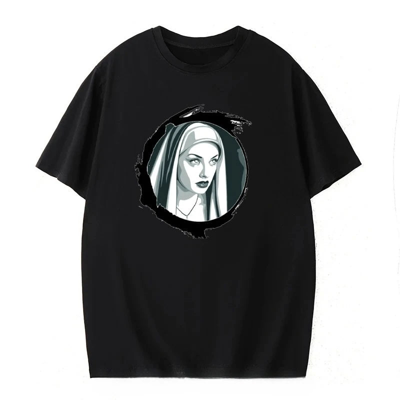 HOT SALE Cartoon Nun No Religion with Brooch Man T Shirt Satan Church Anton Lavie Satan Mystery Goth T Shirt Classic Girl Top