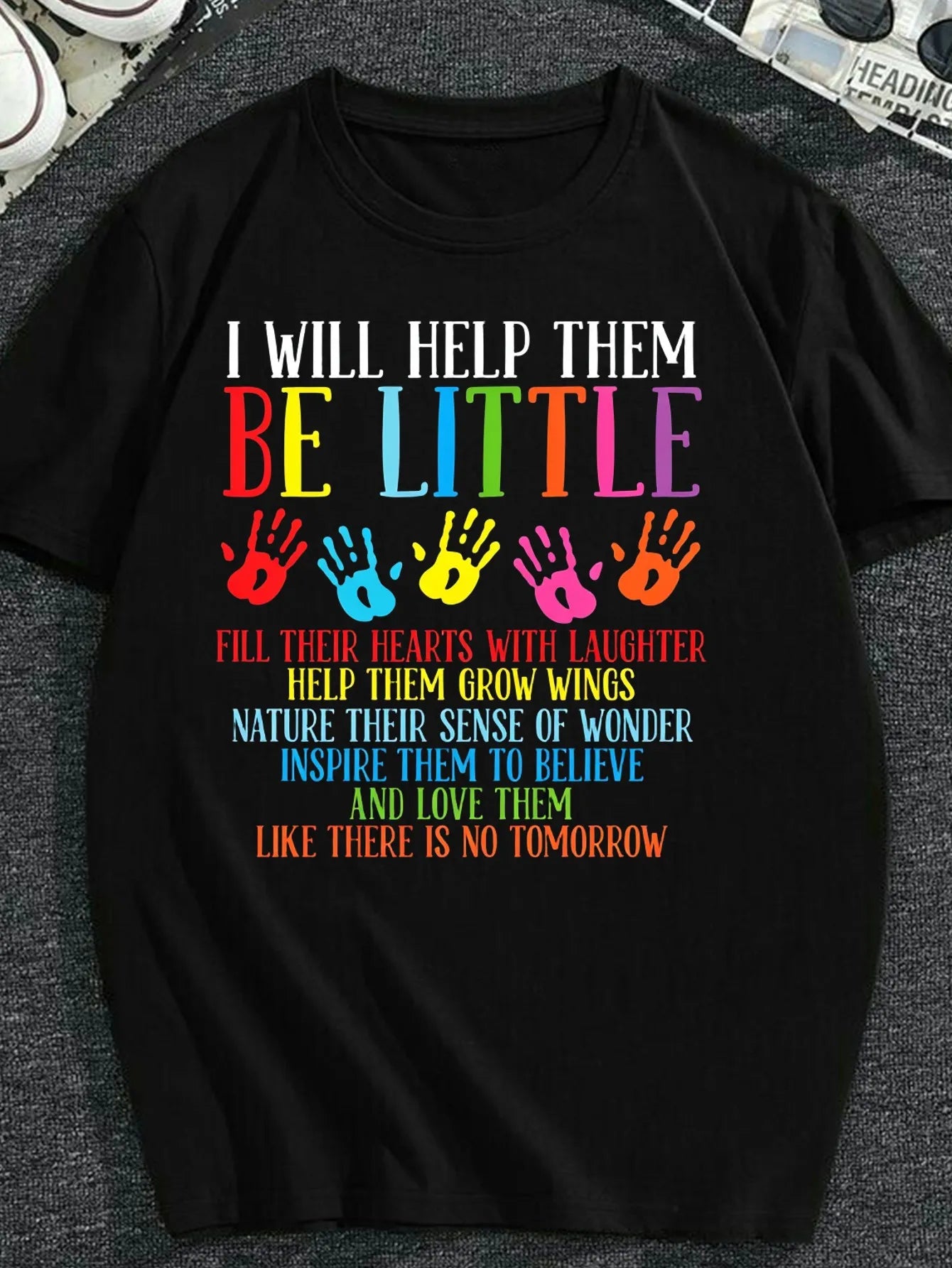 T-Shirts for Man and Women Daycare Teachers And Childcare Providers - Featuring a Retro 70S And 80S Style Design with The Slogan 'I Will Help Them Grow' And Colorful Handprint And Footprint Letter Patter_00001, PLUS SIZE