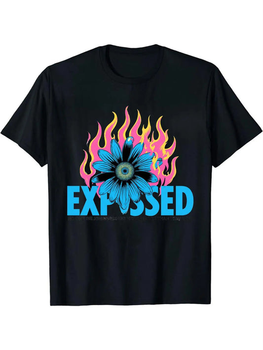 Trendy Men's Black Graphic T-Shirt Blue Flower Pink Flame Exposed Bold Letter Vintage Graphic Print 100% Cotton Heavyweight Short Sleeve Casual Streetwear Tee