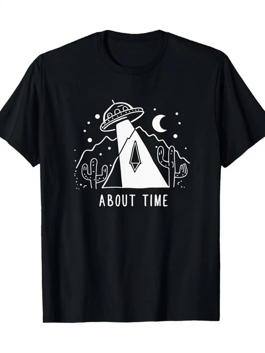 Retro Men's Black Graphic T-Shirt Ufo Desert Pyramid Cactus Crescent Moon about Time Alien Vintage Print 100% Cotton Heavyweight Short Sleeve Casual Streetwear Tee