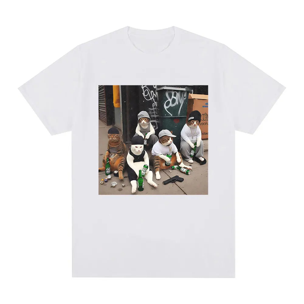 HOT SALE Funny Cat Gang Emoji Print T-shirt Men Women Fashion Vintage Short Sleeve T-shirt High Quality Cotton Oversized T-shirt