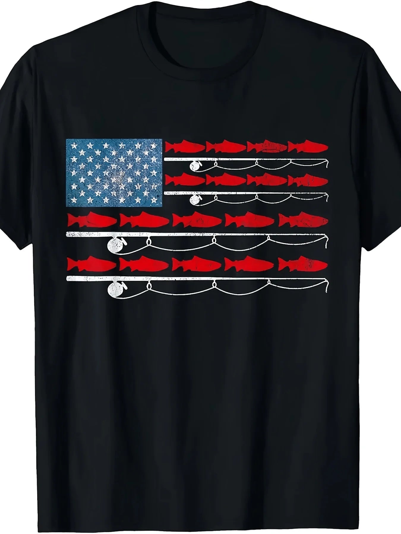 Plus Size, Men'S American Flag Fishing T-Shirt - Patriotic Salmon Rod Design, Casual Crew Neck Tee, Suitable for Outdoor Wear, Fishing Trips, And Daily Use, Machine Washable Fisherman Apparel