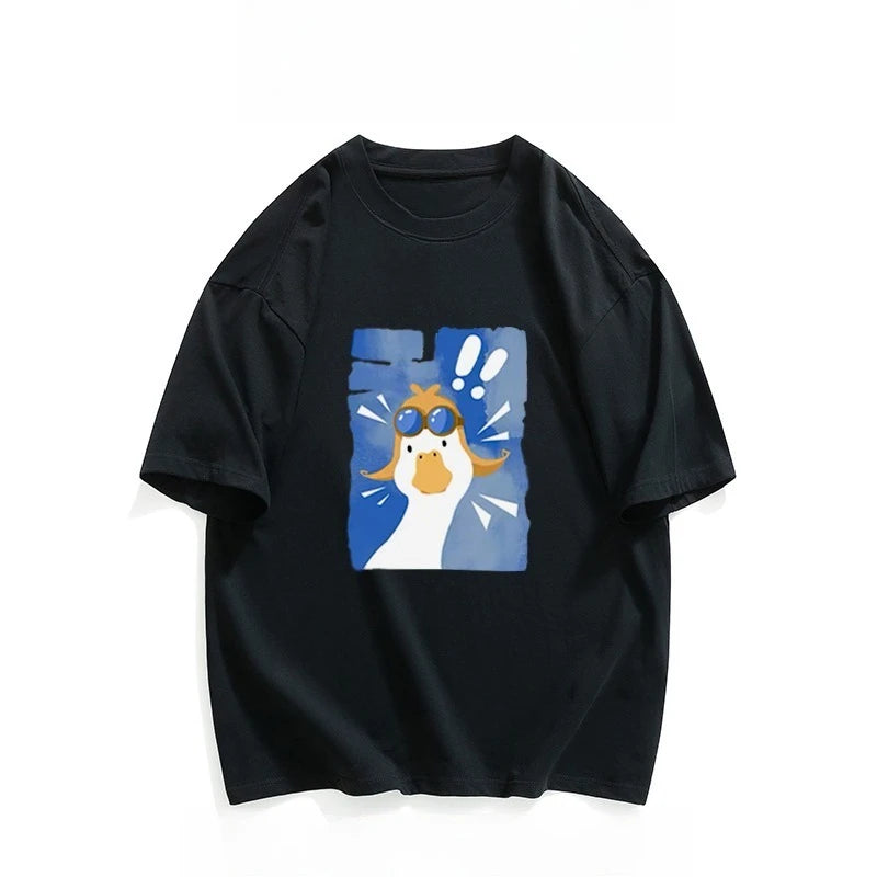 HOT SALE Funny Big White Goose Printed Cotton T-shirt for Men and Women Casual Breathable Loose Round Neck T-shirt Top Y2K Top