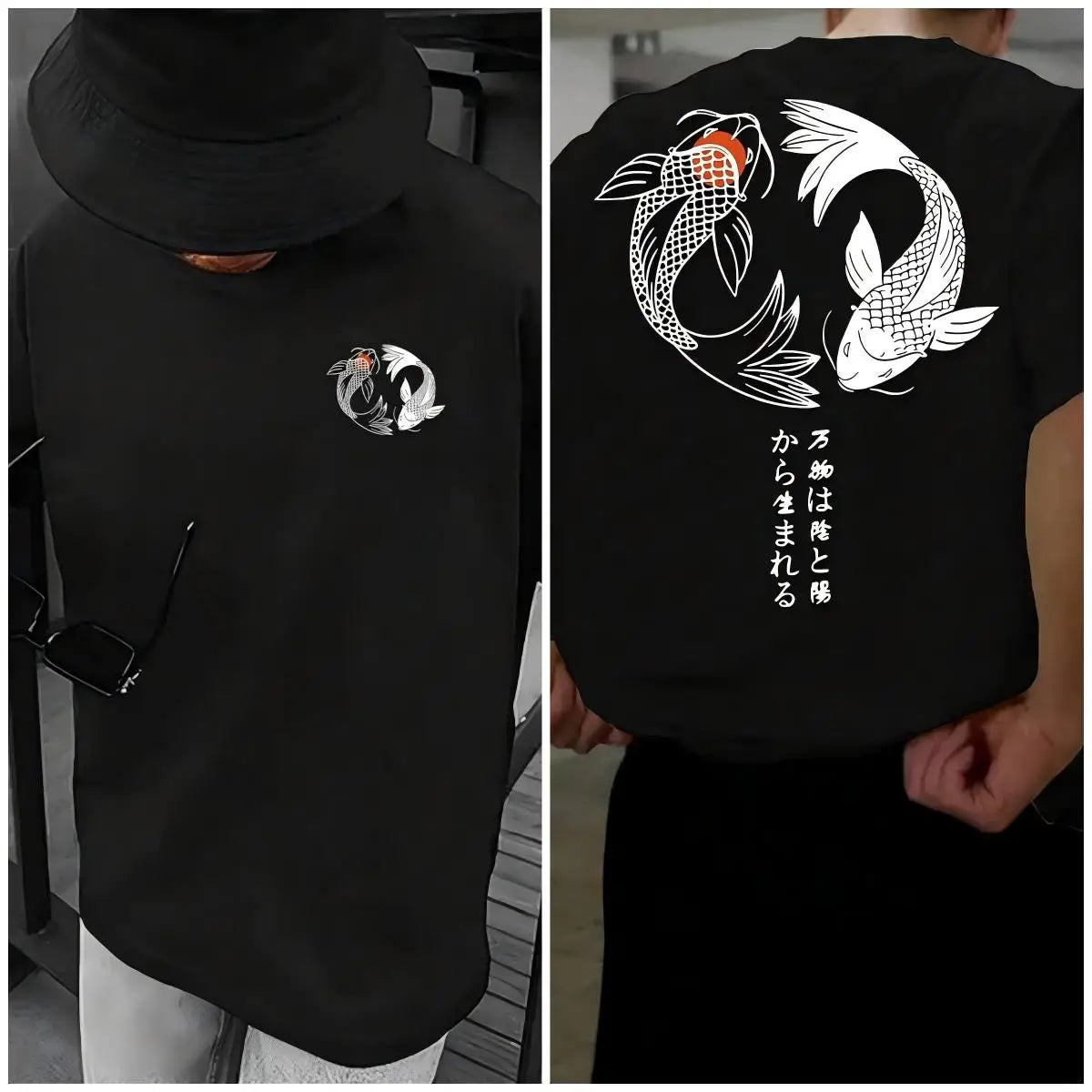 Japanese Koi Harajuku Illustration Design T-shirt Suit Men's Summer Casual T-shirt Fashion Short Sleeve Loose Cotton Sportwear