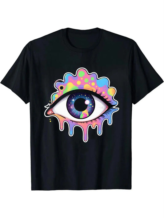 Trendy Men's Black Graphic T-Shirt Colorful Dripping Eye Rainbow Galaxy Pupil Psychedelic Bubble Illustration Bold Statement Print 100% Cotton Heavyweight Short Sleeve Casual Streetwear Tee