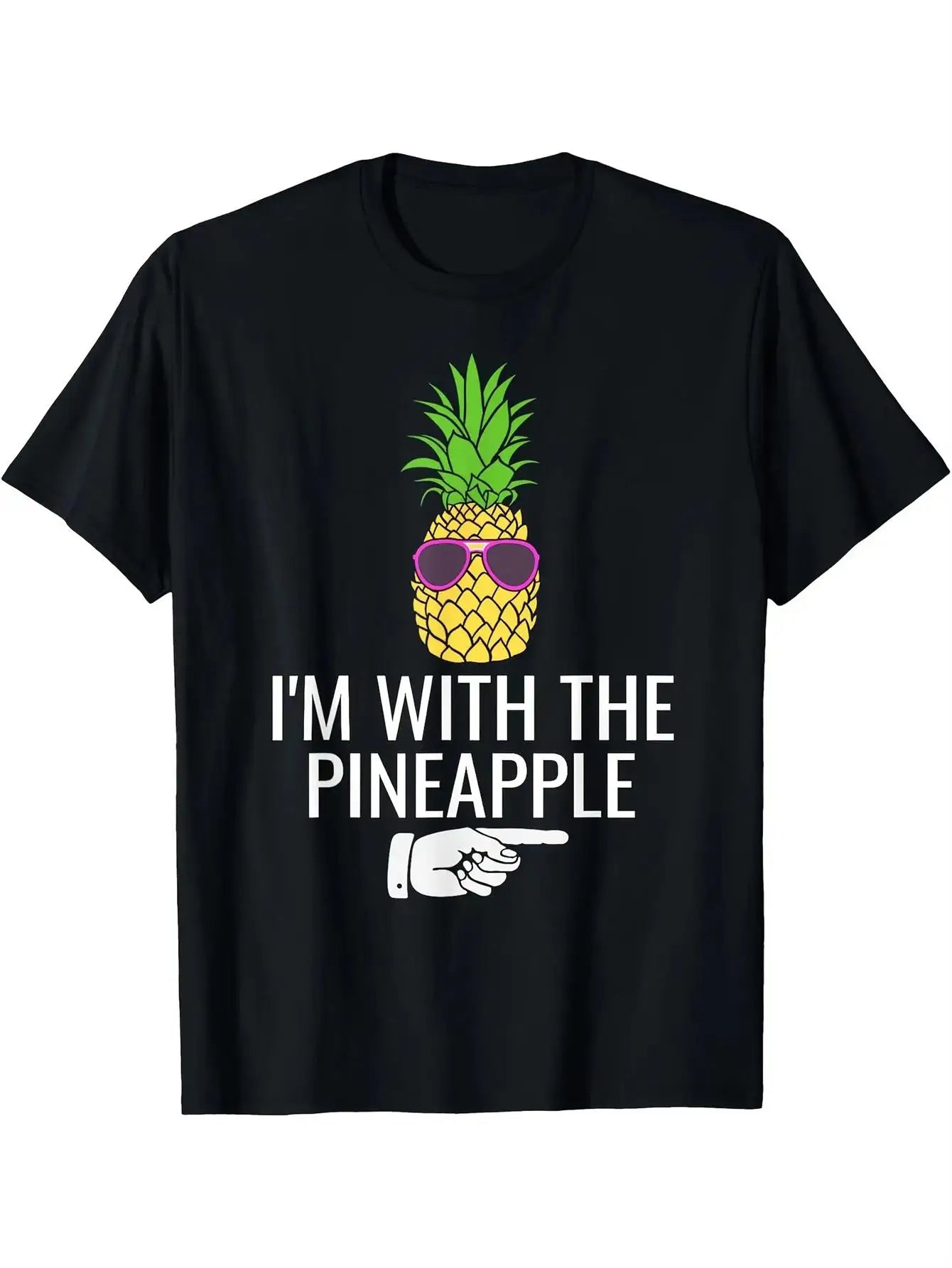 Funny Men's Black Graphic T-Shirt Pineapple Sunglasses Pointing Hand Bold Letter Print Statement Design 100% Cotton Heavyweight Short Sleeve Casual Streetwear Tee
