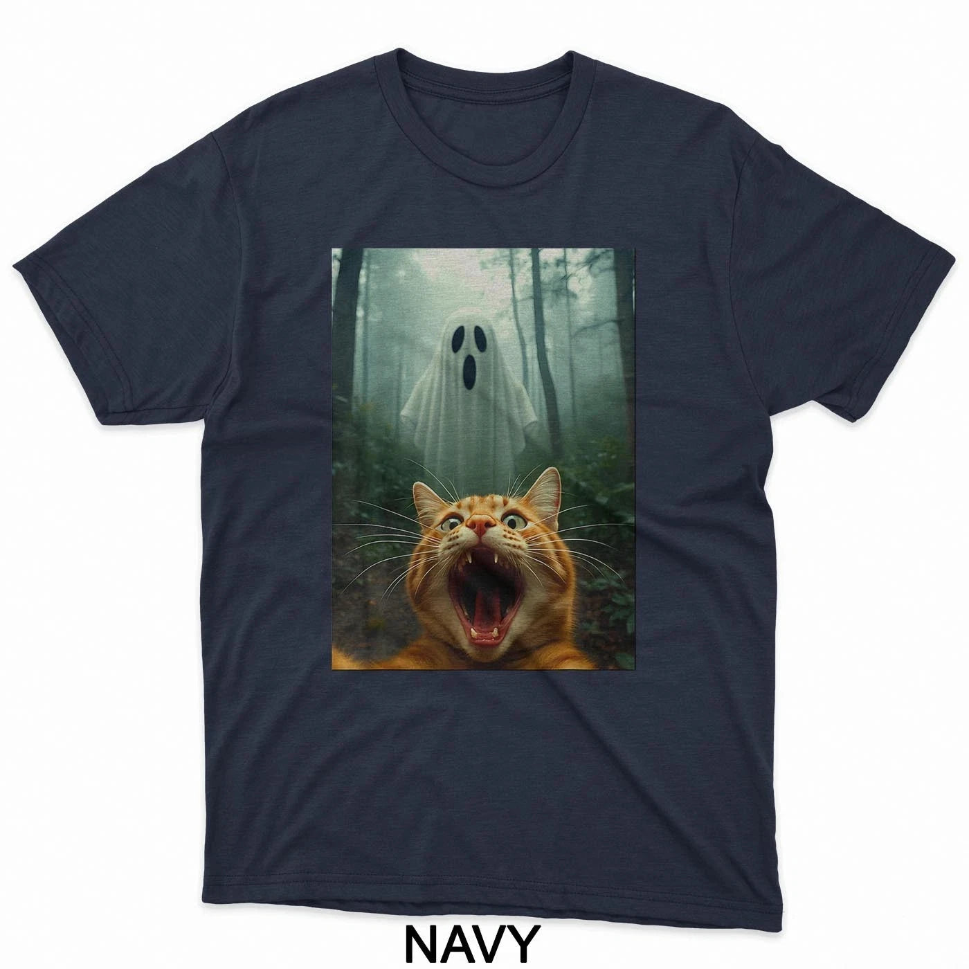 HOT SALE Cat Selfie with Ghost Halloween Kitty Spooky Ghost in Forest T-Shirt Tee Soft  Round-neck Tee Streetwear Style