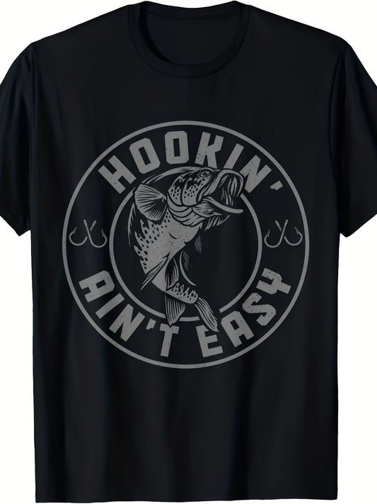 Teenager'S Vintage Style "Fishing Is Not Easy" Fishing-Themed T-Shirt - Plus Size And Long Version, Featuring a Black And White Fish Pattern, Short Sleeves, Round Neck, And a Slim Fit, Suitable for Casual Wear in for All Seasons, For Teenager