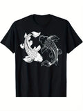 Yin Yang Japanese Koi Fish T-Shirt - Traditional Asian Design with Yin Yang Symbol And Koi Fish Circle, Short Sleeve Round Neck Casual Shirt for Cultural Apparel