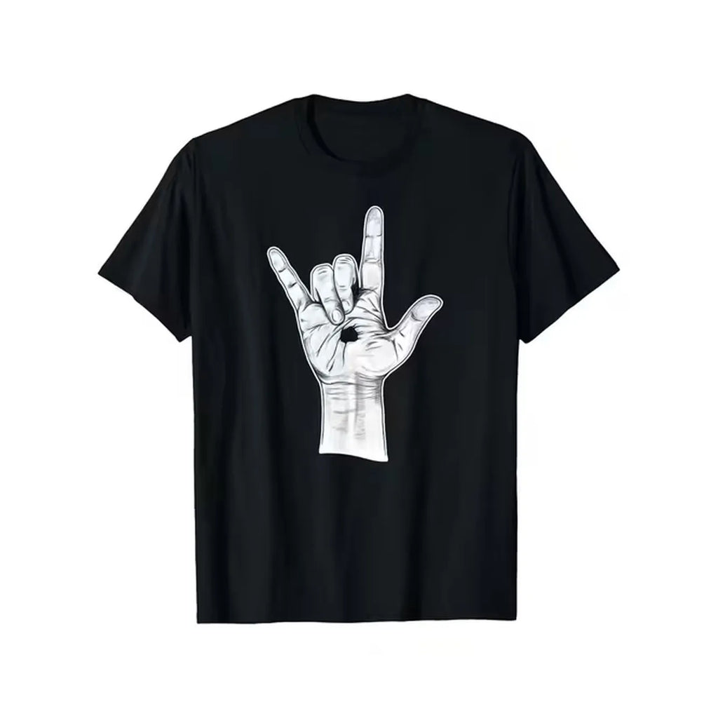item picture mens black tee featuring love you hand sign in asl casual wear events and promoting awareness of deaf this comfortable round neck shirt is ideal for parties and is a for sign language enthusiasts