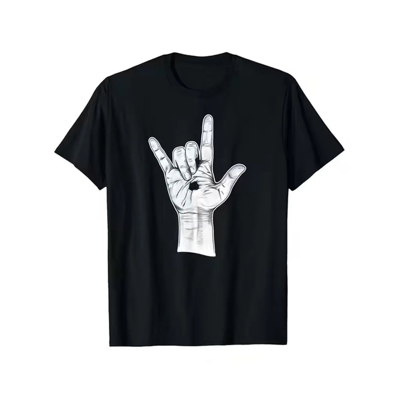 item picture mens black tee featuring love you hand sign in asl casual wear events and promoting awareness of deaf this comfortable round neck shirt is ideal for parties and is a for sign language enthusiasts