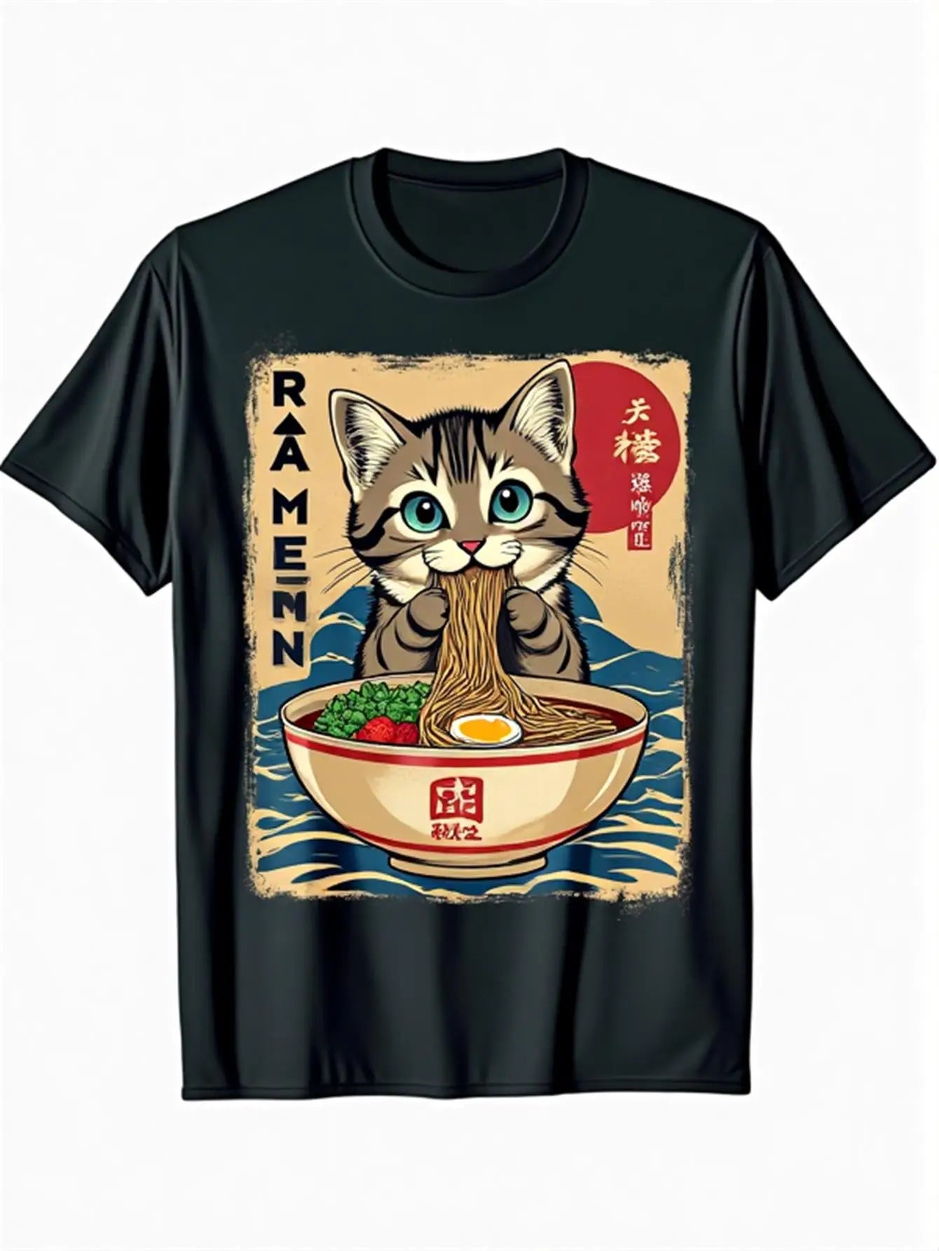 Cute Men's Black Graphic T-Shirt Cat Eating Noodles Ramen Bowl Big Eye Cartoon Sunset Wave Retro Illustration 100% Cotton Heavyweight Short Sleeve Casual Streetwear Tee