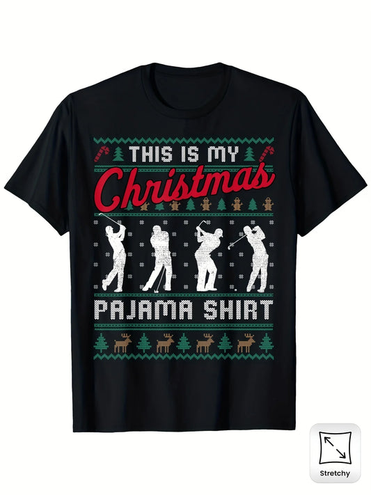 [Holiday Apparel] This Is My Christmas Pajama Shirt Golf Tee - Funny Ugly Sweater Design, 100% Cotton, Stretch Fit, Round Neck, Short-Sleeved, Black with Festive Golfer Silhouettes, Sizes S-XXX, Cotton Casual Short Sleeve Tee Soft, Comfortable &