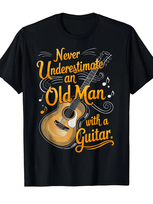 Unisex Guitar Pattern T-Shirt- Black, Orange Guitar Design- All-Season Casual Wear, Ideal Gift for Guitarists, Music Enthusiasts, Birthday/Christmas Present, PLUS SIZE