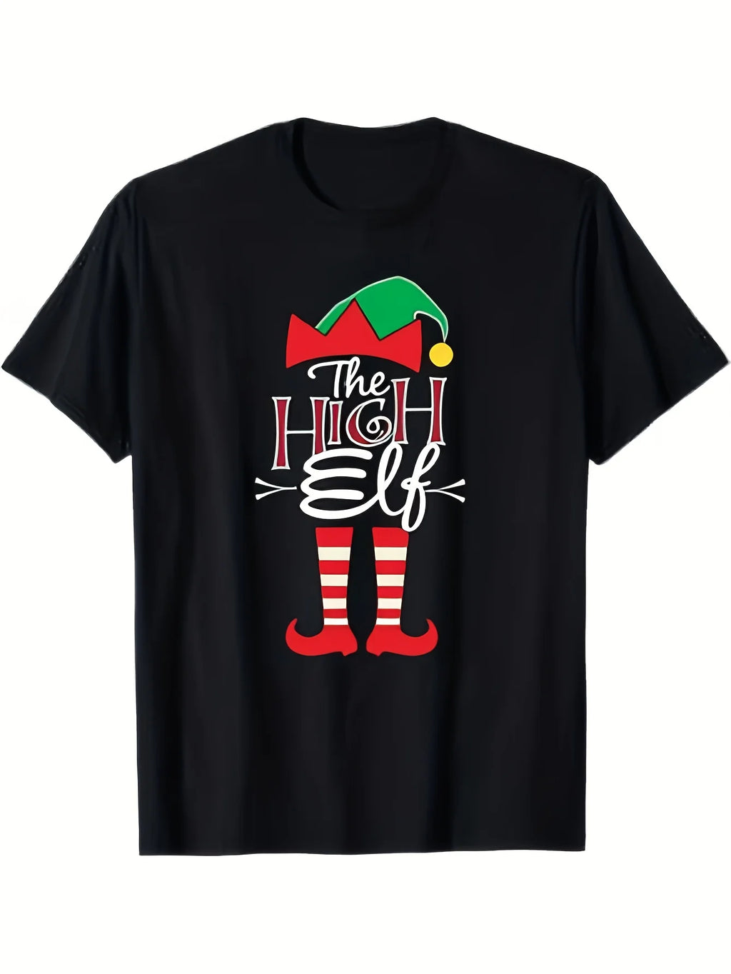 Funny Men's Black Graphic T-Shirt Holiday Helper Hat Striped Legs Curled Shoes Bold Letter Print 100% Cotton Heavyweight Short Sleeve Casual Streetwear Tee