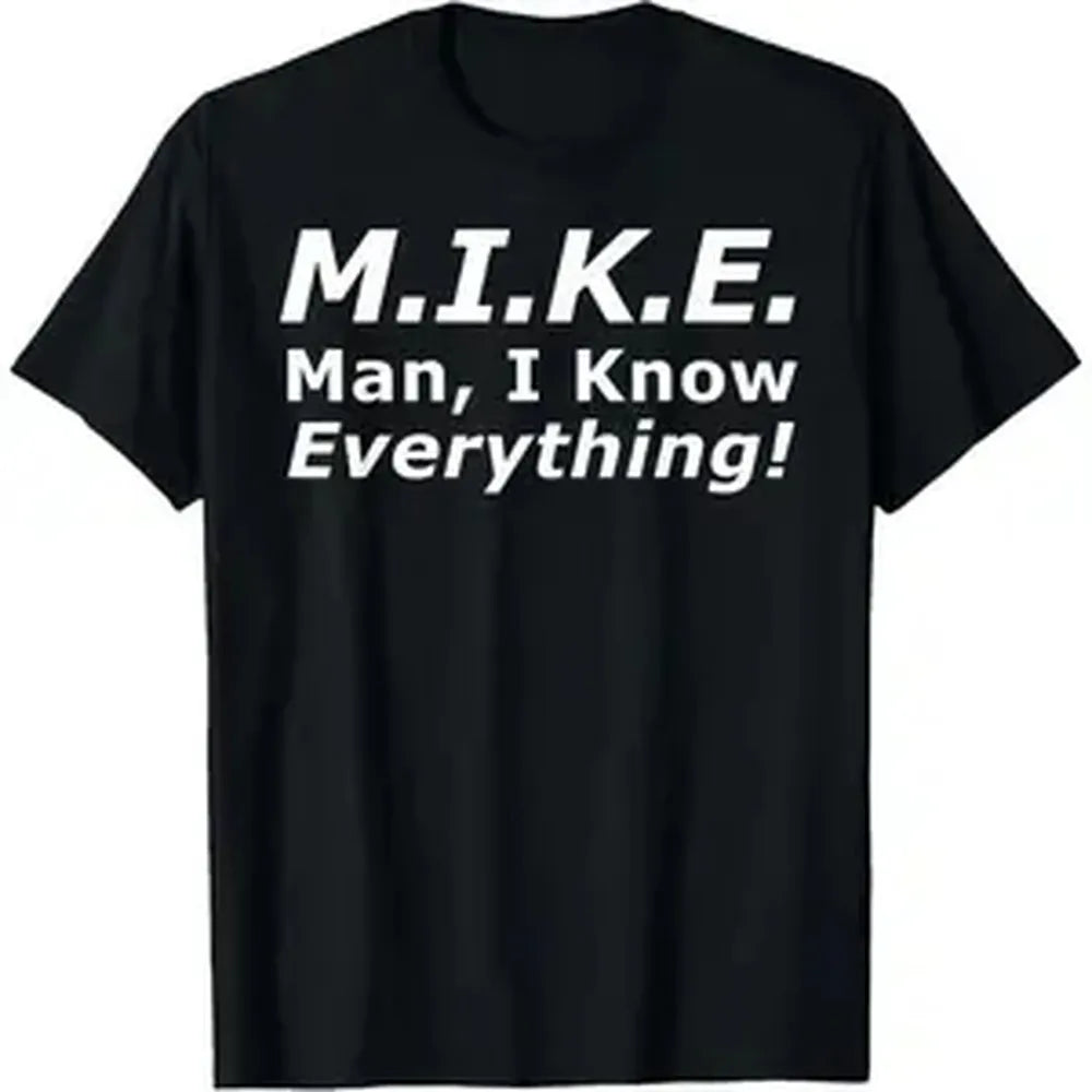 Funny Mike Men's Casual Streetwear Crew Neck Loose Fit Short-Sleeve Cotton Graphic T-Shirt - "Knows Everything" Humor Garment, Men's Birthday Gift, Sports Top