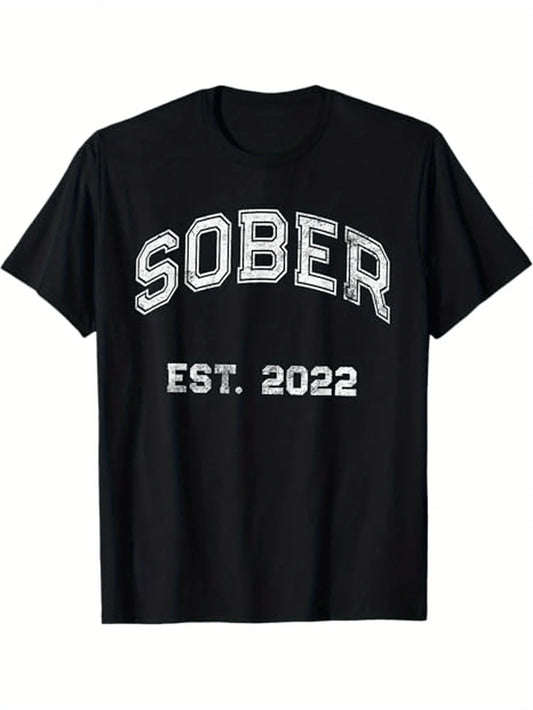 Vintage Men's Black Graphic T-Shirt Sober Est 2022 Varsity Letter Print Distressed College Typography Statement Design 100% Cotton Heavyweight Short Sleeve Casual Streetwear Tee