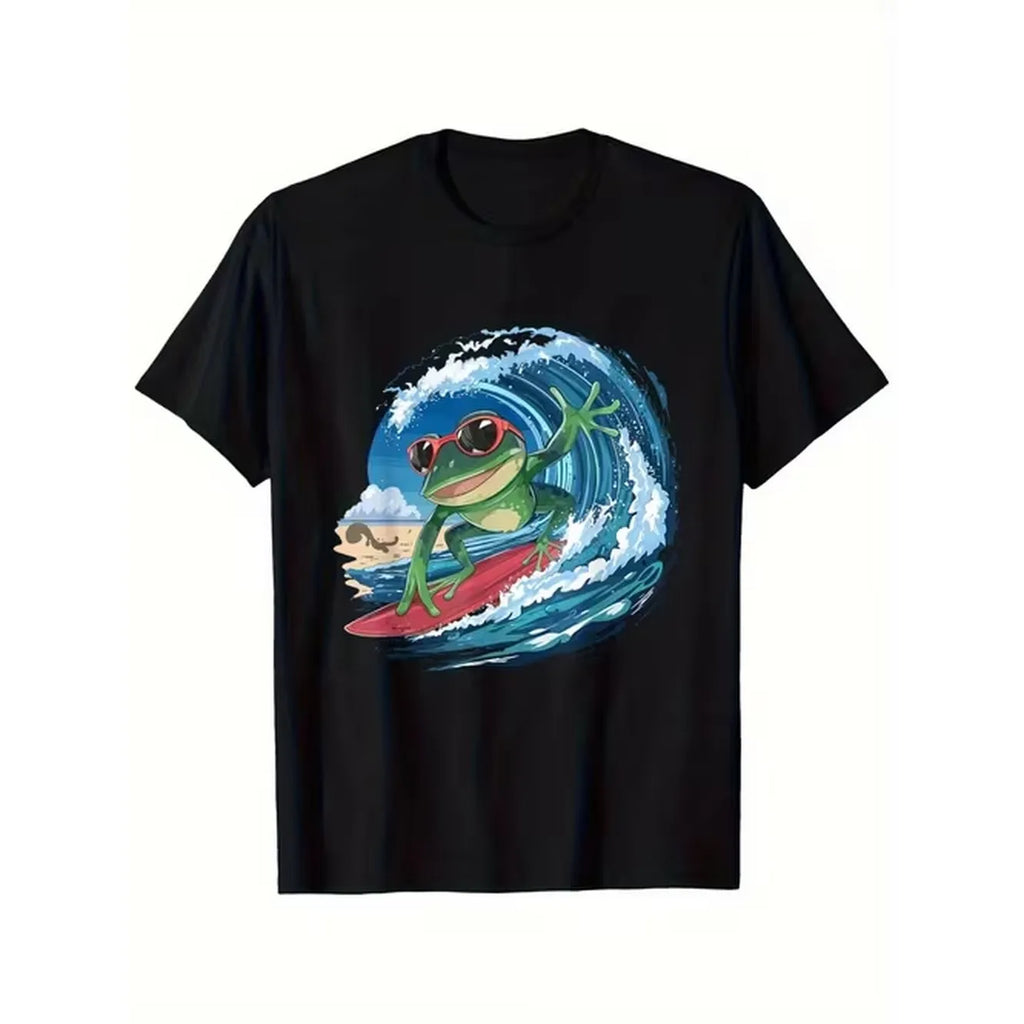 item picture mens black cotton t shirt with surfing frog graphic lightweight breathable short sleeve round neck tee surfboard frog print for casual wear outdoor surfing beach apparel fit