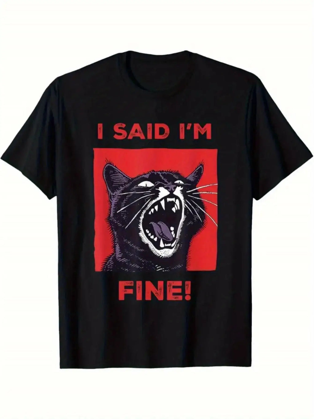 Funny Men's Black Graphic T-Shirt Angry Black Cat Open Mouth Hissing Face Bold Slogan Red Box Vintage Print 100% Cotton Heavyweight Short Sleeve Casual Streetwear Tee