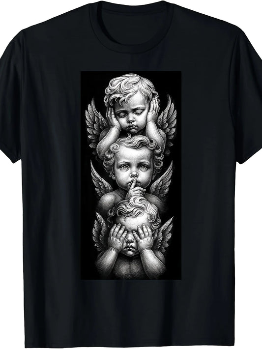 Plus-Size, Vintage Classic Three-Character Pattern T-Shirt - Round Neck Design, Featuring a Blindfolded Angel Pattern, Machine Washable Casual Top, Suitable for All Seasons, Plus Size