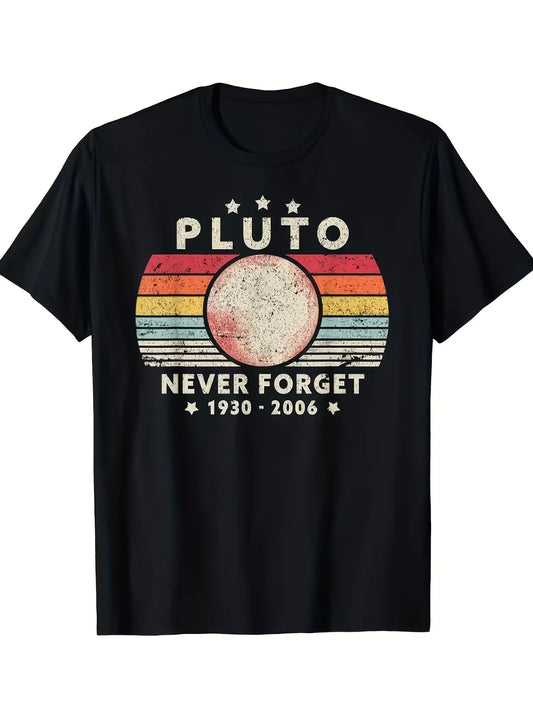 Vintage Men's Black Graphic T-Shirt Retro Planet Circle Stripe Stars Never Forget 1930 2006 Distressed Letter Print 100% Cotton Heavyweight Short Sleeve Casual Streetwear Tee