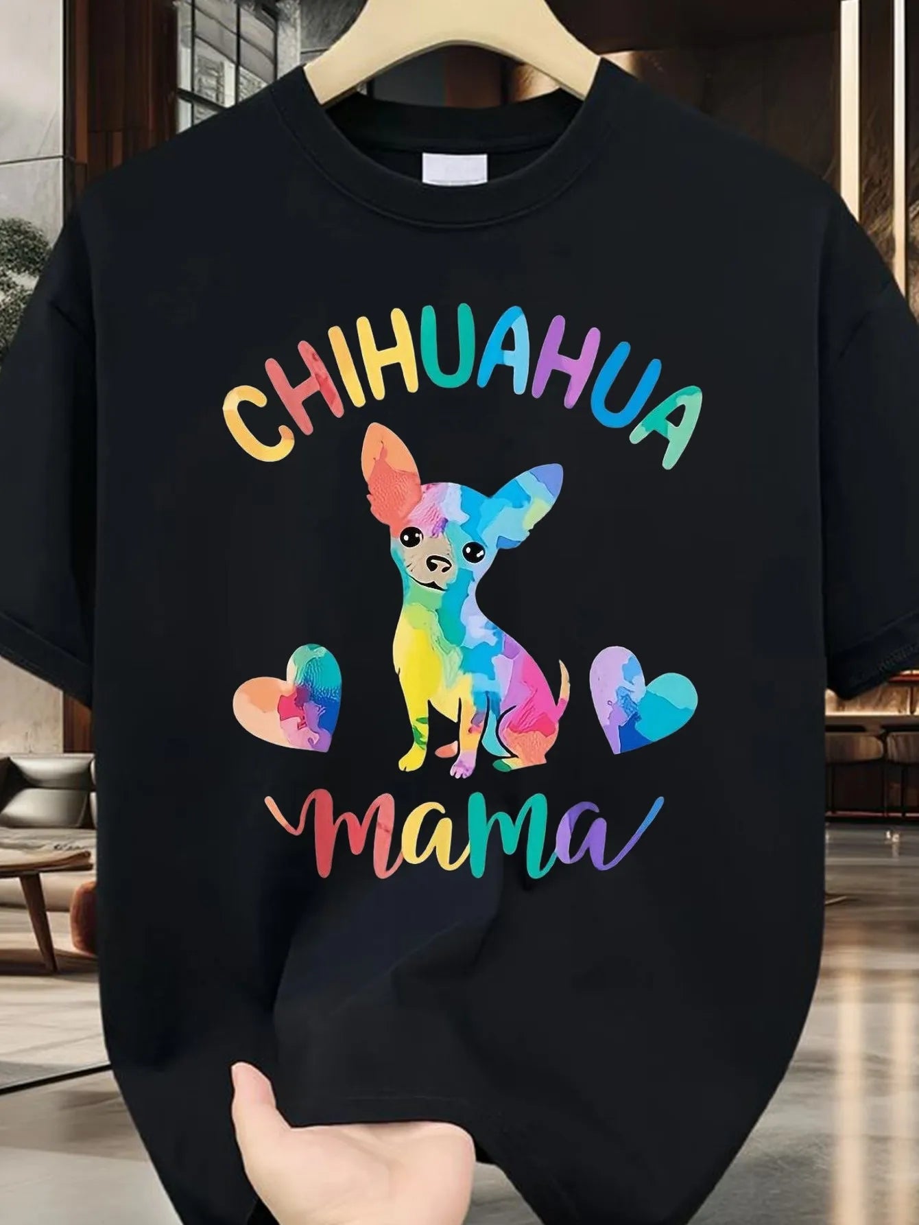 Chihuahua Mama Dog Mom T-Shirt - Casual Graphic Tee with Vibrant Watercolor Chihuahua & Hearts Design, Regular Fit Round Neck, Machine Washable, S-XXXL Sizes, Black - Gift for Men, Women, And, Same Style Available, Plus Size