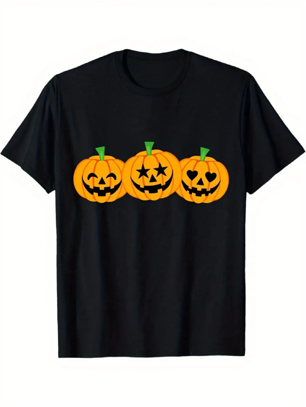 Funny Men's Black Graphic T-Shirt Three Jack O Lantern Pumpkins Star Eyes Heart Eyes Halloween Cartoon Print 100% Cotton Heavyweight Short Sleeve Casual Streetwear Tee