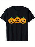 Funny Men's Black Graphic T-Shirt Three Jack O Lantern Pumpkins Star Eyes Heart Eyes Halloween Cartoon Print 100% Cotton Heavyweight Short Sleeve Casual Streetwear Tee