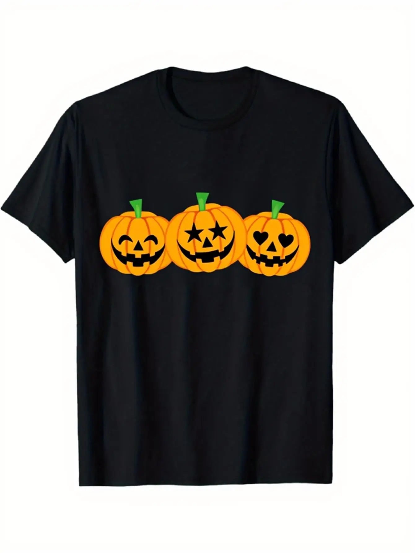 Funny Men's Black Graphic T-Shirt Three Jack O Lantern Pumpkins Star Eyes Heart Eyes Halloween Cartoon Print 100% Cotton Heavyweight Short Sleeve Casual Streetwear Tee