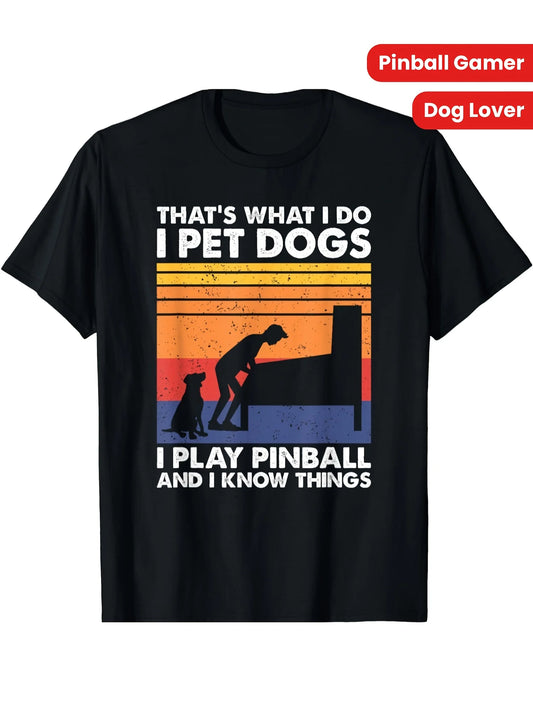 Vintage Men's Black Graphic T-Shirt Pinball Machine Dog Lover Player Silhouette Retro Sunset Stripe Funny Saying Print 100% Cotton Heavyweight Short Sleeve Casual Streetwear Tee