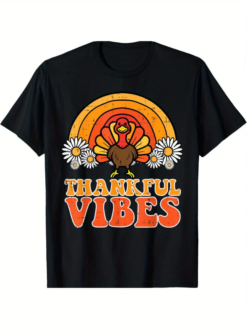Vintage Men's Black Graphic T-Shirt Turkey Daisy Sunset Thankful Vibes Retro Letter Print Autumn Harvest Festival Graphic 100% Cotton Heavyweight Short Sleeve Casual Streetwear Tee