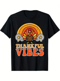 Vintage Men's Black Graphic T-Shirt Turkey Daisy Sunset Thankful Vibes Retro Letter Print Autumn Harvest Festival Graphic 100% Cotton Heavyweight Short Sleeve Casual Streetwear Tee