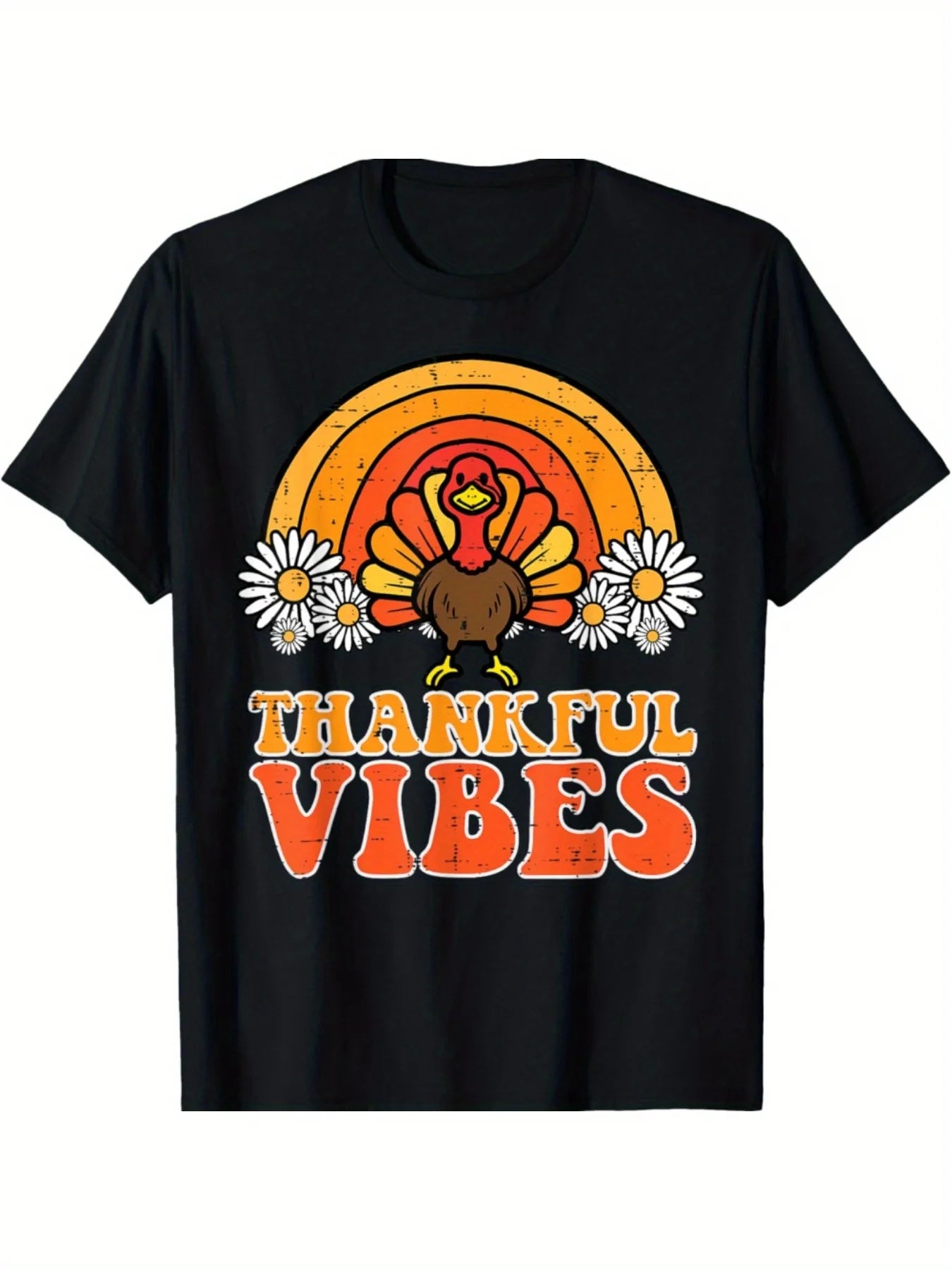 Vintage Men's Black Graphic T-Shirt Turkey Daisy Sunset Thankful Vibes Retro Letter Print Autumn Harvest Festival Graphic 100% Cotton Heavyweight Short Sleeve Casual Streetwear Tee
