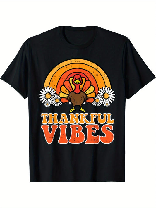 Vintage Men's Black Graphic T-Shirt Turkey Daisy Sunset Thankful Vibes Retro Letter Print Autumn Harvest Festival Graphic 100% Cotton Heavyweight Short Sleeve Casual Streetwear Tee