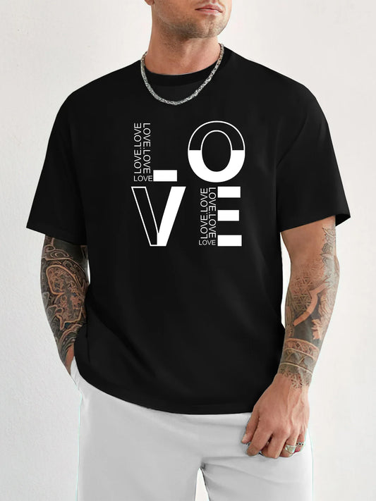 Trendy Men's Black Graphic T-Shirt Bold Love Letter Print Vertical Typography Statement Design 100% Cotton Heavyweight Short Sleeve Casual Streetwear Tee