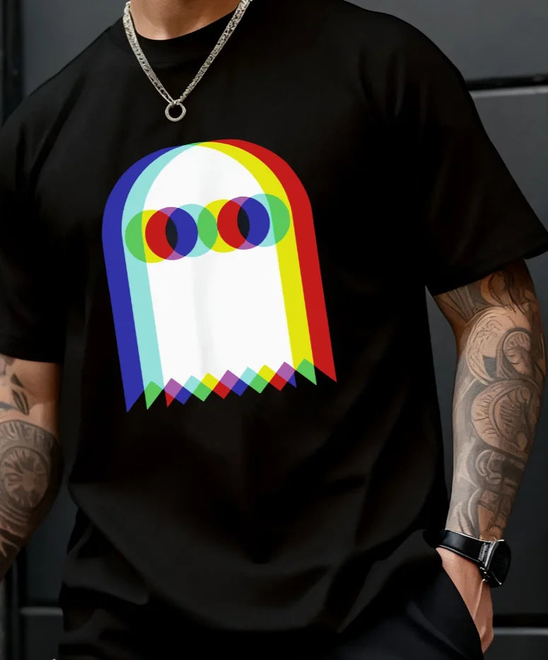 One Men's Retro Pixel Print T-shirt, Featuring A Colorful Spectrum Breathable and Comfortable Fabric, Crew Neck, Short Sleeves