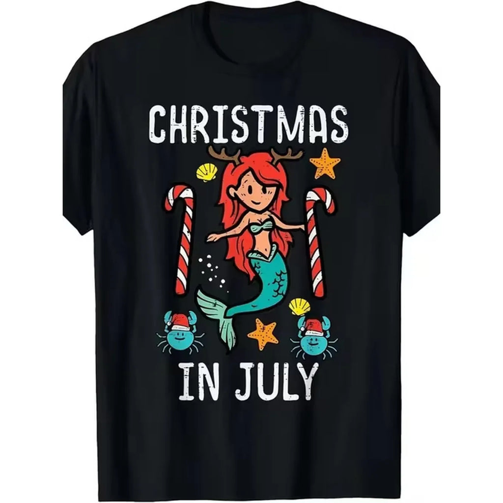 item picture mens black t shirt with mermaid candy canes stars print soft cotton short sleeve round neck casual tee for year round outfit festive summer