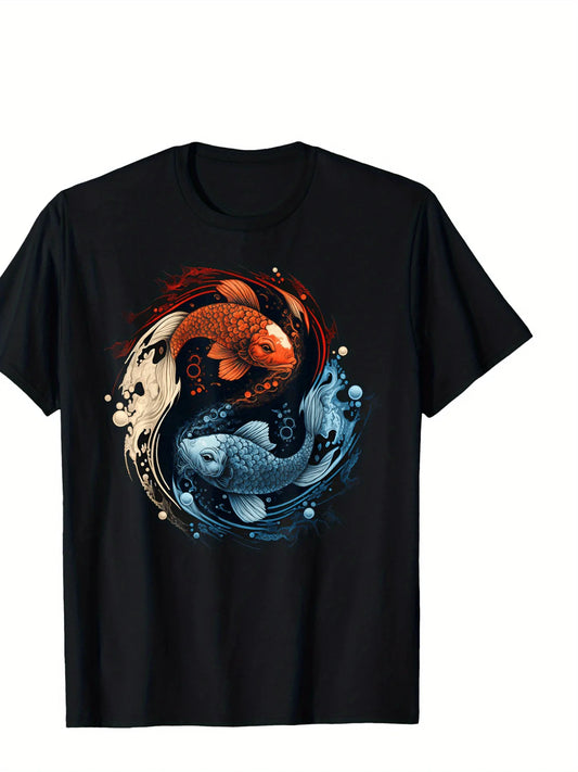 Vintage Men's Black Graphic T-Shirt Koi Fish Yin Yang Water Splash Orange Blue Illustration 100% Cotton Heavyweight Short Sleeve Casual Streetwear Tee