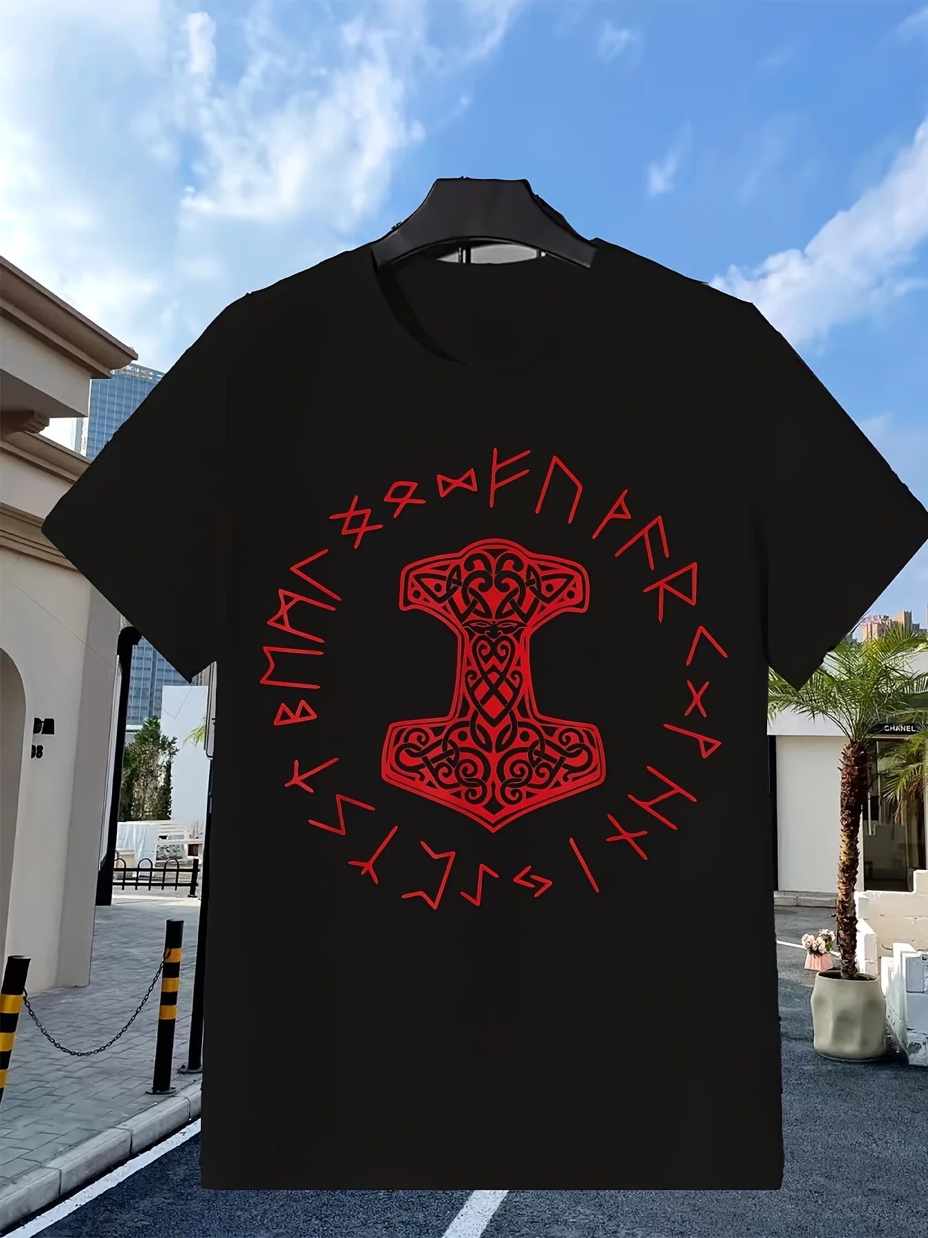 Red Viking Mjolnir And Norse Rune Wheel T-Shirt | Vintage Style Crew Neck, Slight Stretch Fabric, Regular Fit, Perfect For Adults, Comfortable Sports Enthusiast Tee, Plus Size, Retro Casual, Short-Sleeved, Printed Pattern