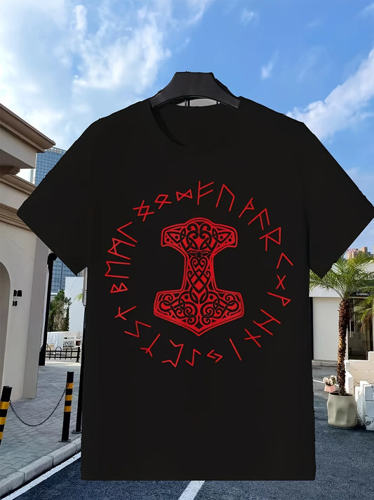 Red Viking Mjolnir And Norse Rune Wheel T-Shirt | Vintage Style Crew Neck, Slight Stretch Fabric, Regular Fit, Perfect For Adults, Comfortable Sports Enthusiast Tee, Plus Size, Retro Casual, Short-Sleeved, Printed Pattern