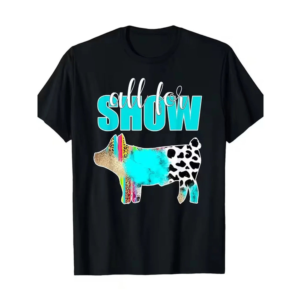 item picture all for show cotton t shirt with cow graphic print turquoise short sleeve round neck casual tee for washable