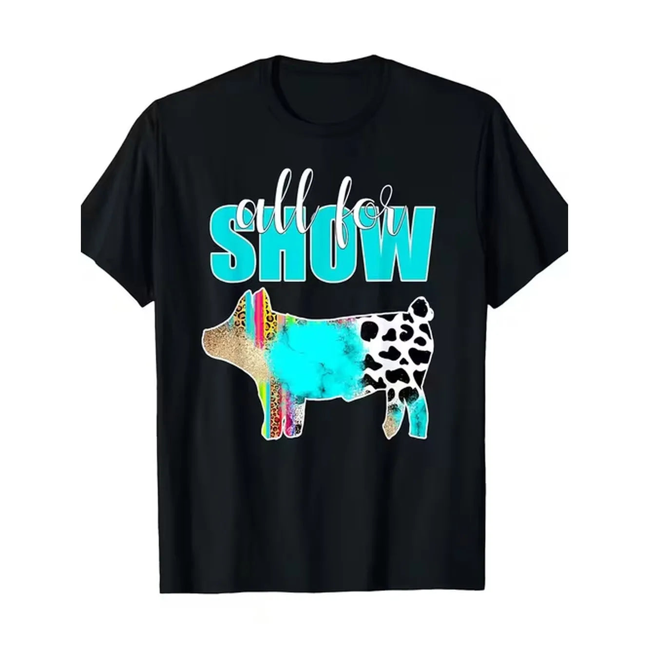 item picture all for show cotton t shirt with cow graphic print turquoise short sleeve round neck casual tee for washable