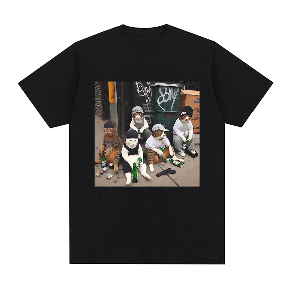 HOT SALE Funny Cat Gang Emoji Print T-shirt Men Women Fashion Vintage Short Sleeve T-shirt High Quality Cotton Oversized T-shirt