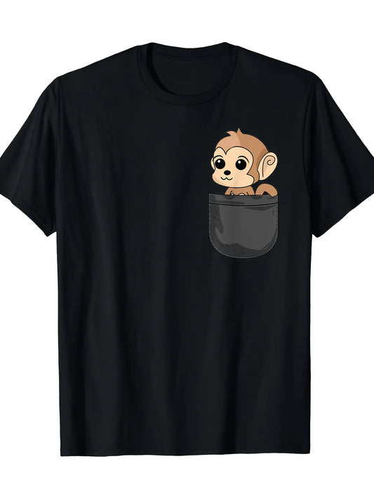 T-Shirt Featuring a Monkey in a Pocket, Perfect for Animal Enthusiasts. This Men'S Tee Weighs 180G And Boasts a Classic Retro Design with a Round Neck And Short Sleeves. It'S Machine Washable And Great for Casual Sportswear