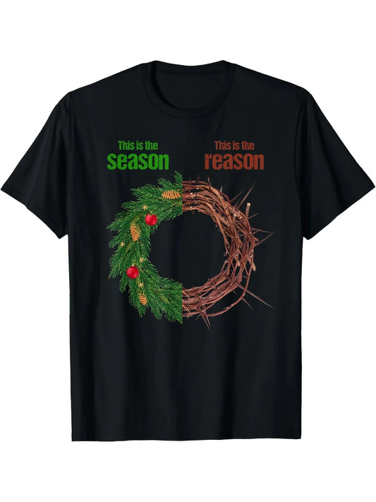 Vintage Men's Black Graphic T-Shirt Pine Wreath Thorn Ring This Is the Season This Is the Reason Holiday Quote Print 100% Cotton Heavyweight Short Sleeve Casual Streetwear Tee